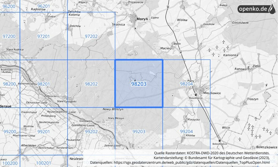 Übersichtskarte des KOSTRA-DWD-2020-Rasterfeldes Nr. 98203