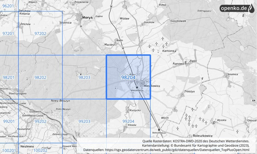 Übersichtskarte des KOSTRA-DWD-2020-Rasterfeldes Nr. 98204