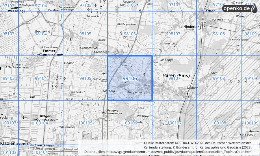 Übersichtskarte des KOSTRA-DWD-2020-Rasterfeldes Nr. 99106