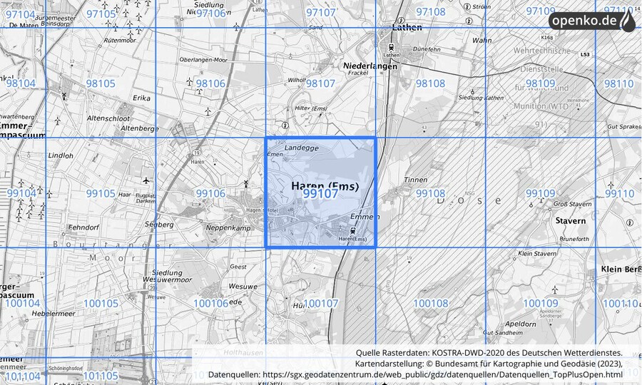 Übersichtskarte des KOSTRA-DWD-2020-Rasterfeldes Nr. 99107