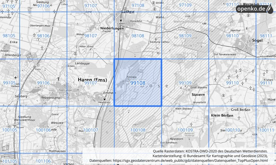 Übersichtskarte des KOSTRA-DWD-2020-Rasterfeldes Nr. 99108