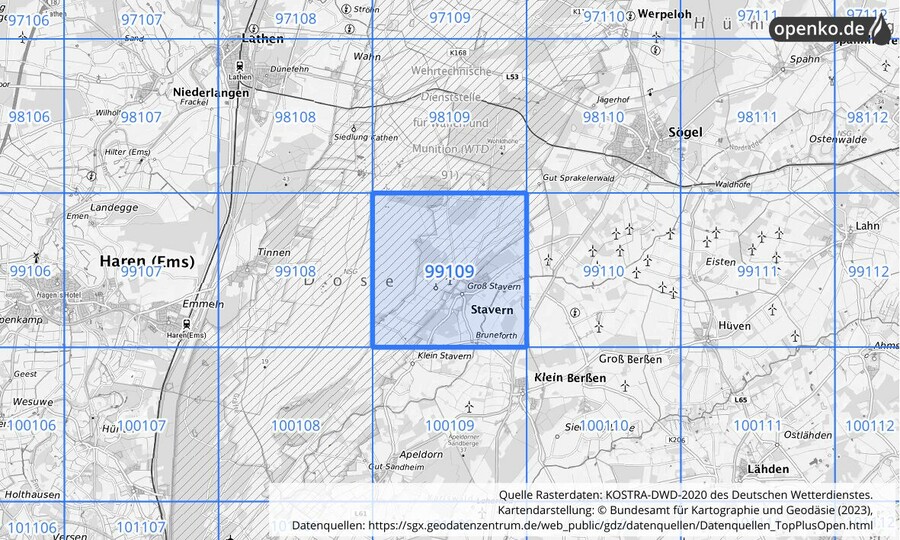 Übersichtskarte des KOSTRA-DWD-2020-Rasterfeldes Nr. 99109