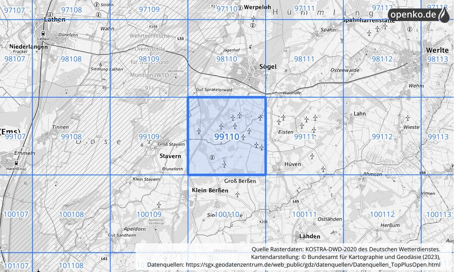 Übersichtskarte des KOSTRA-DWD-2020-Rasterfeldes Nr. 99110