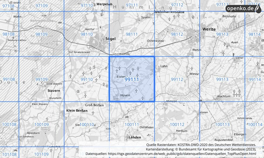 Übersichtskarte des KOSTRA-DWD-2020-Rasterfeldes Nr. 99111