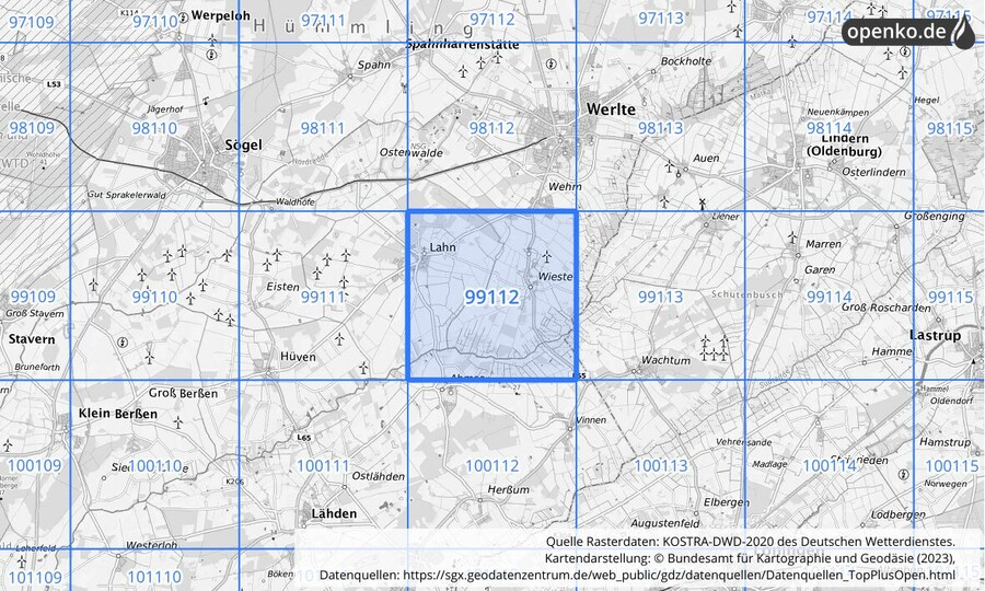 Übersichtskarte des KOSTRA-DWD-2020-Rasterfeldes Nr. 99112