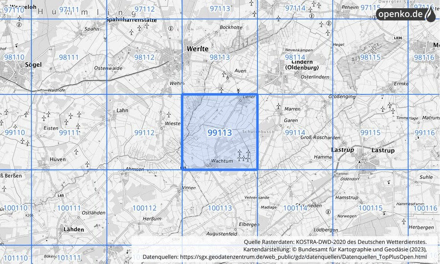 Übersichtskarte des KOSTRA-DWD-2020-Rasterfeldes Nr. 99113