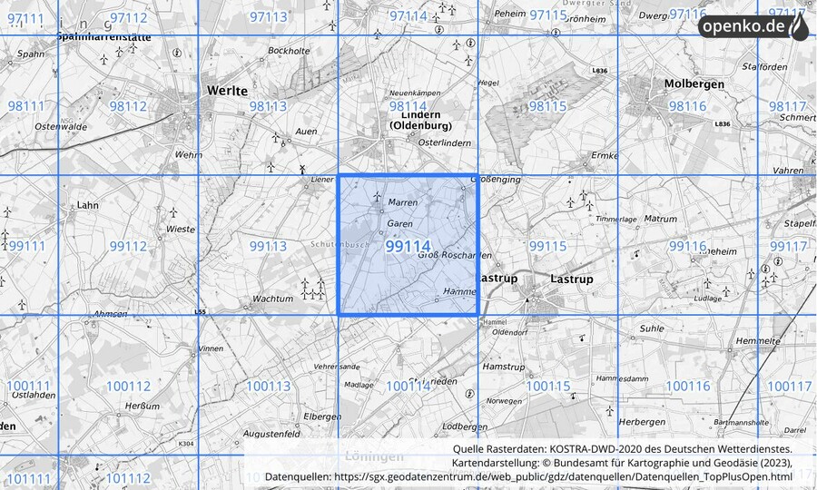 Übersichtskarte des KOSTRA-DWD-2020-Rasterfeldes Nr. 99114