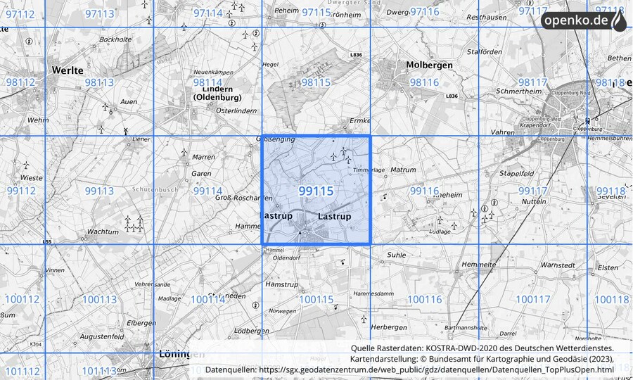 Übersichtskarte des KOSTRA-DWD-2020-Rasterfeldes Nr. 99115