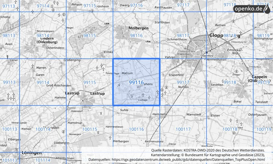 Übersichtskarte des KOSTRA-DWD-2020-Rasterfeldes Nr. 99116