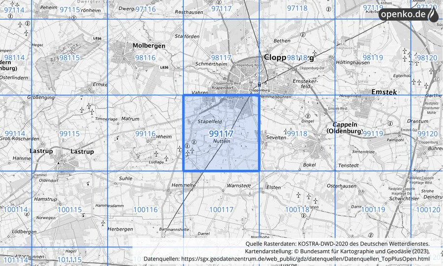 Übersichtskarte des KOSTRA-DWD-2020-Rasterfeldes Nr. 99117