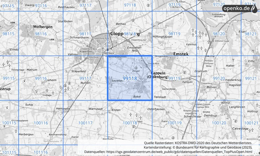 Übersichtskarte des KOSTRA-DWD-2020-Rasterfeldes Nr. 99118