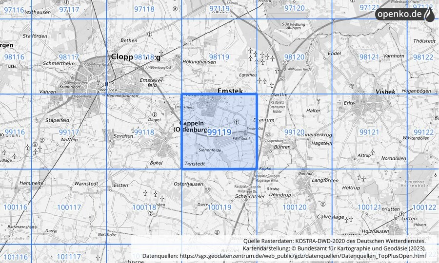 Übersichtskarte des KOSTRA-DWD-2020-Rasterfeldes Nr. 99119