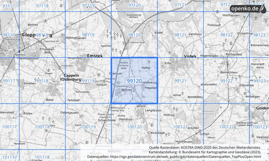 Übersichtskarte des KOSTRA-DWD-2020-Rasterfeldes Nr. 99120