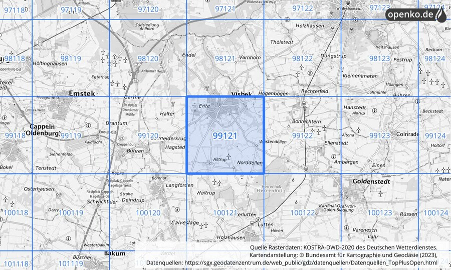 Übersichtskarte des KOSTRA-DWD-2020-Rasterfeldes Nr. 99121