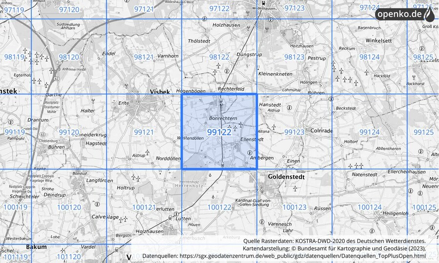 Übersichtskarte des KOSTRA-DWD-2020-Rasterfeldes Nr. 99122