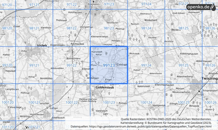 Übersichtskarte des KOSTRA-DWD-2020-Rasterfeldes Nr. 99123