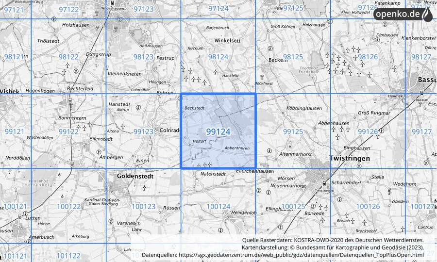 Übersichtskarte des KOSTRA-DWD-2020-Rasterfeldes Nr. 99124