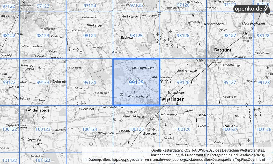 Übersichtskarte des KOSTRA-DWD-2020-Rasterfeldes Nr. 99125