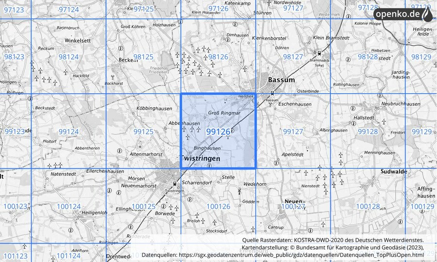 Übersichtskarte des KOSTRA-DWD-2020-Rasterfeldes Nr. 99126