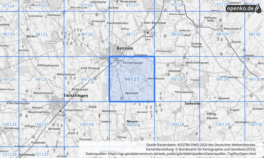 Übersichtskarte des KOSTRA-DWD-2020-Rasterfeldes Nr. 99127