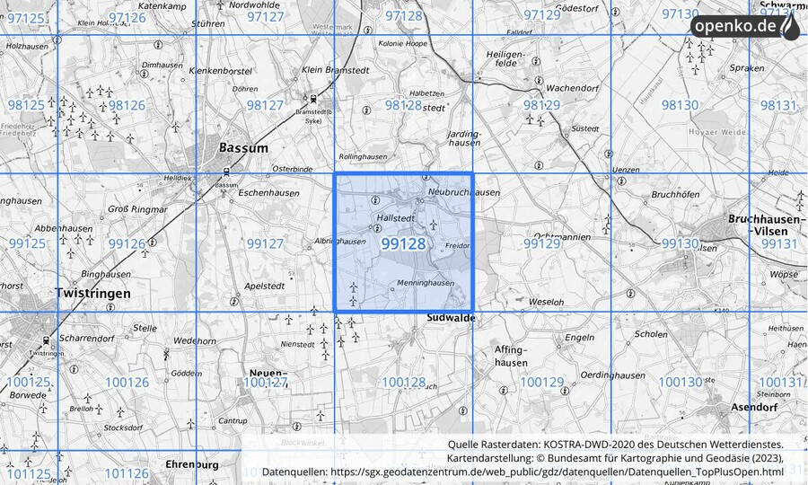 Übersichtskarte des KOSTRA-DWD-2020-Rasterfeldes Nr. 99128
