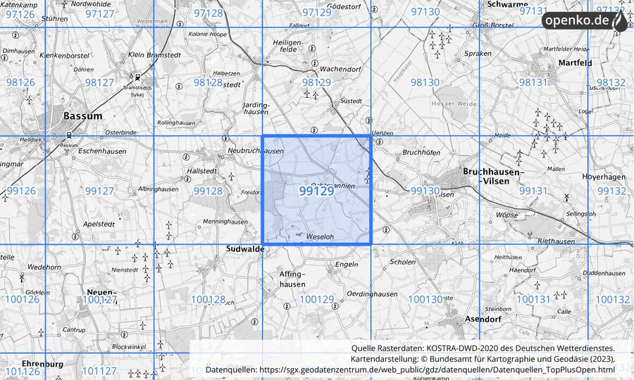 Übersichtskarte des KOSTRA-DWD-2020-Rasterfeldes Nr. 99129