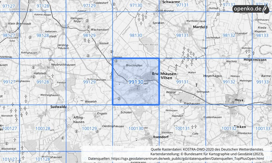 Übersichtskarte des KOSTRA-DWD-2020-Rasterfeldes Nr. 99130