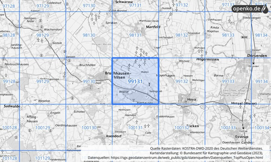 Übersichtskarte des KOSTRA-DWD-2020-Rasterfeldes Nr. 99131