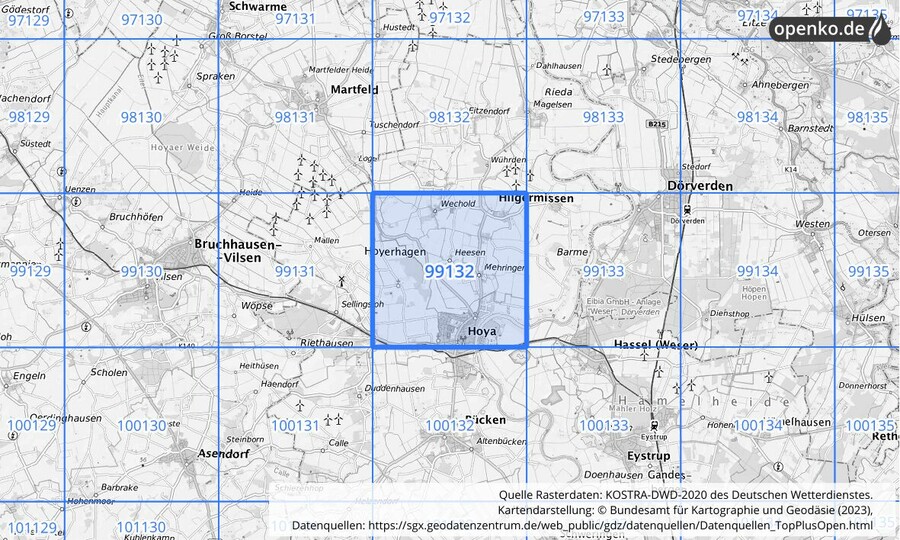 Übersichtskarte des KOSTRA-DWD-2020-Rasterfeldes Nr. 99132