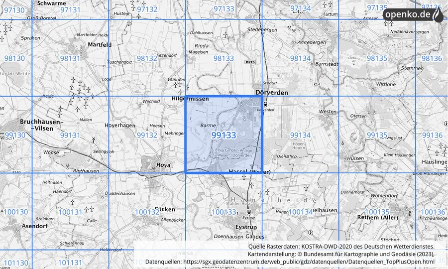 Übersichtskarte des KOSTRA-DWD-2020-Rasterfeldes Nr. 99133