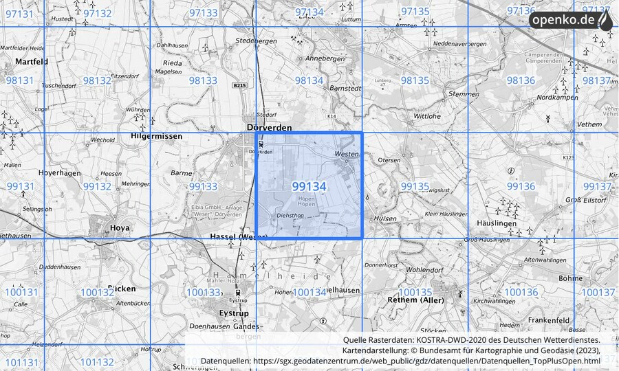 Übersichtskarte des KOSTRA-DWD-2020-Rasterfeldes Nr. 99134