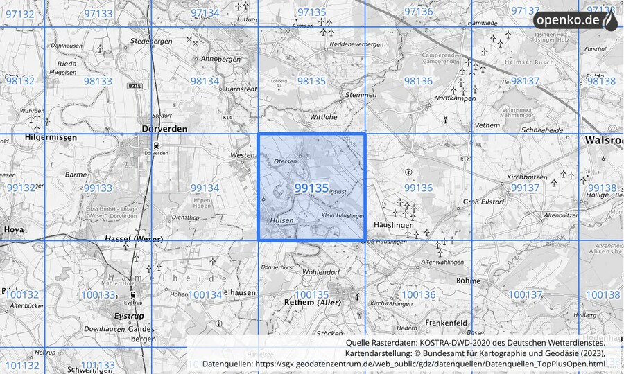 Übersichtskarte des KOSTRA-DWD-2020-Rasterfeldes Nr. 99135