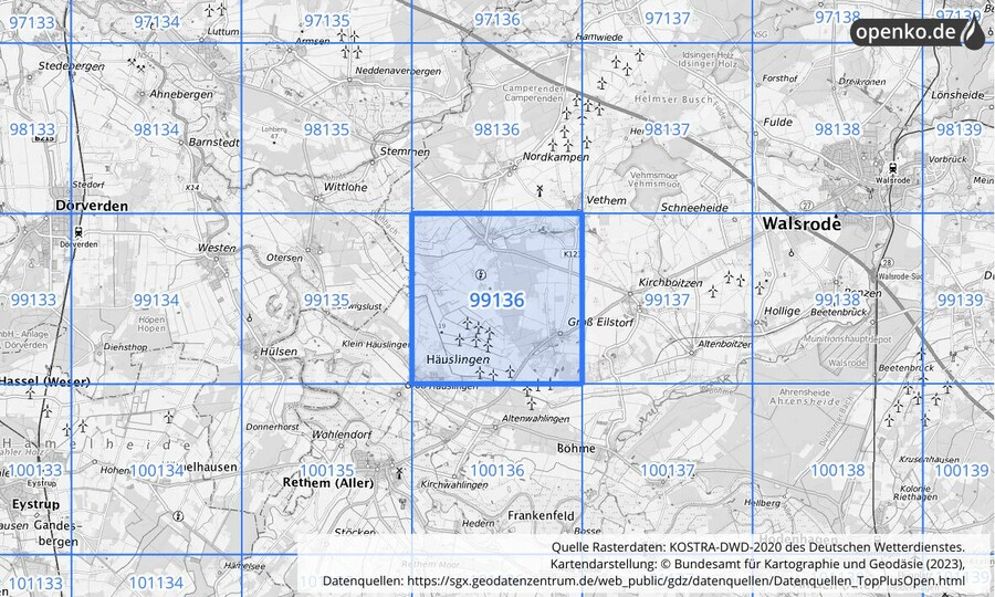 Übersichtskarte des KOSTRA-DWD-2020-Rasterfeldes Nr. 99136