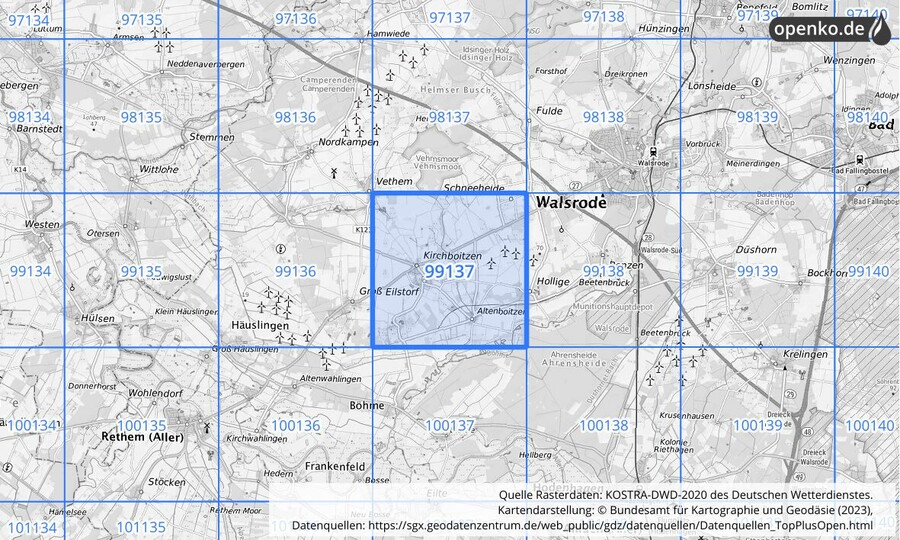 Übersichtskarte des KOSTRA-DWD-2020-Rasterfeldes Nr. 99137