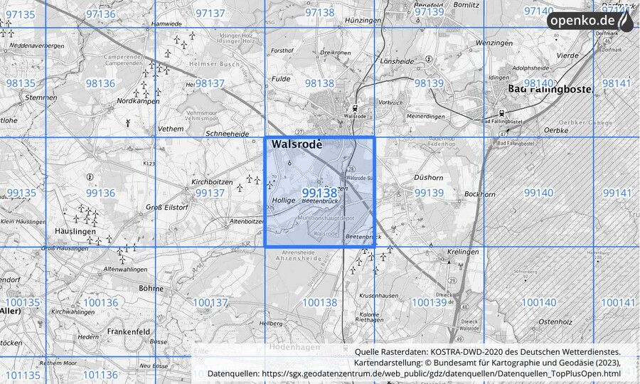 Übersichtskarte des KOSTRA-DWD-2020-Rasterfeldes Nr. 99138