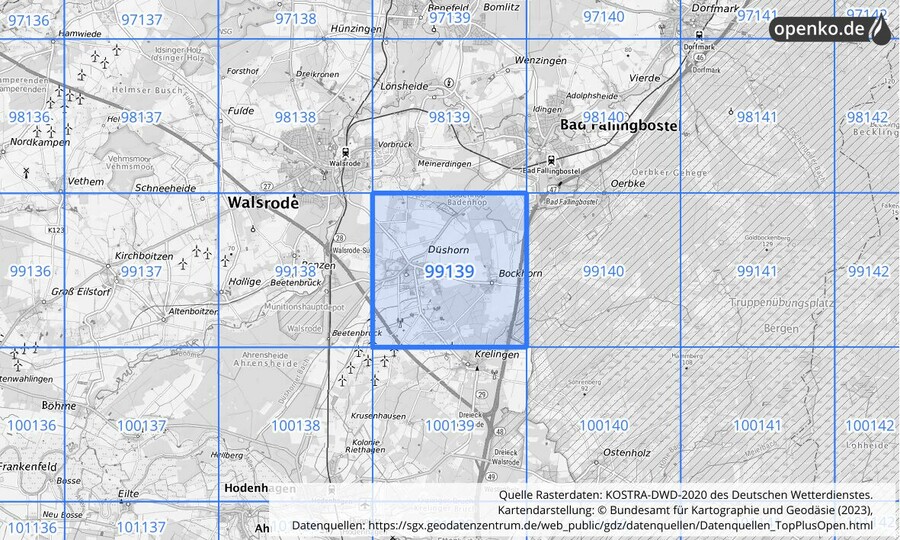 Übersichtskarte des KOSTRA-DWD-2020-Rasterfeldes Nr. 99139