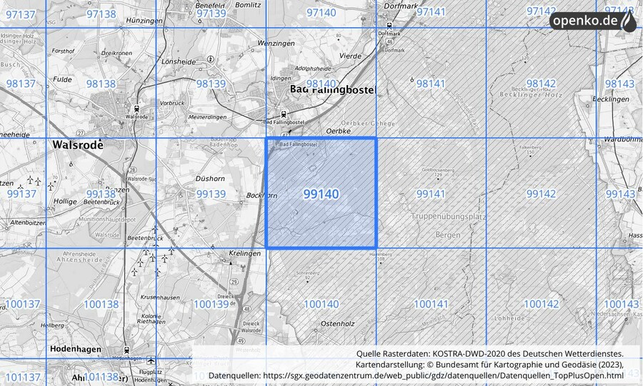 Übersichtskarte des KOSTRA-DWD-2020-Rasterfeldes Nr. 99140