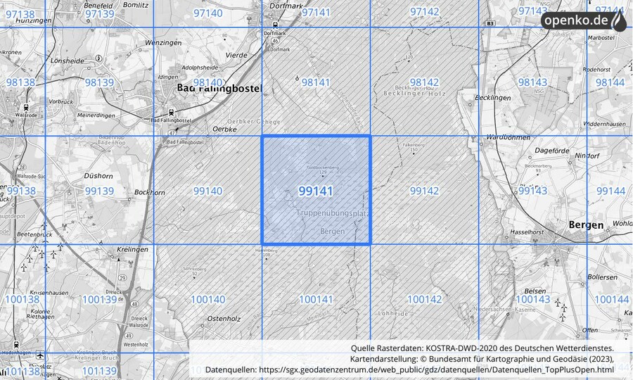 Übersichtskarte des KOSTRA-DWD-2020-Rasterfeldes Nr. 99141