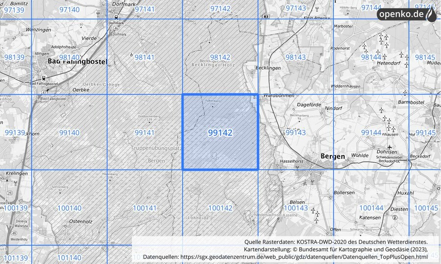 Übersichtskarte des KOSTRA-DWD-2020-Rasterfeldes Nr. 99142