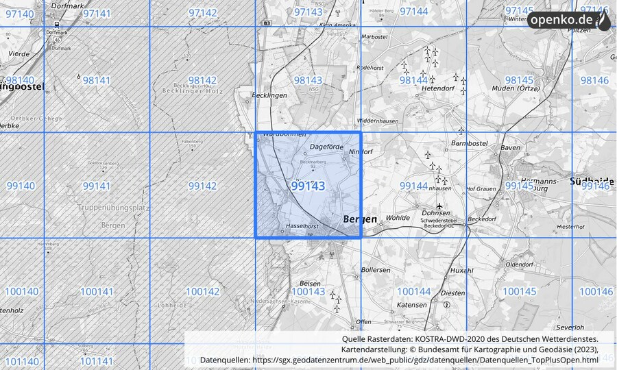 Übersichtskarte des KOSTRA-DWD-2020-Rasterfeldes Nr. 99143