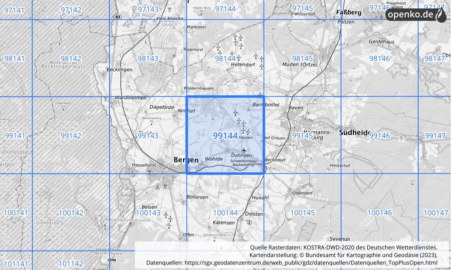 Übersichtskarte des KOSTRA-DWD-2020-Rasterfeldes Nr. 99144