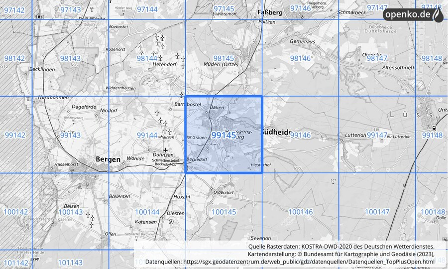 Übersichtskarte des KOSTRA-DWD-2020-Rasterfeldes Nr. 99145