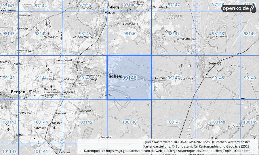 Übersichtskarte des KOSTRA-DWD-2020-Rasterfeldes Nr. 99146