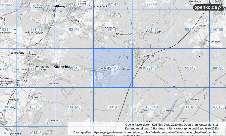 Übersichtskarte des KOSTRA-DWD-2020-Rasterfeldes Nr. 99147