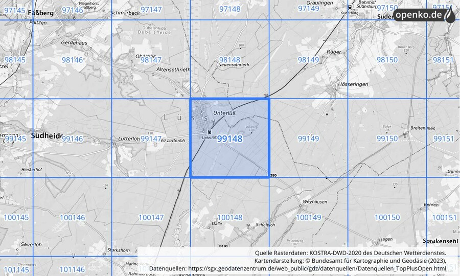 Übersichtskarte des KOSTRA-DWD-2020-Rasterfeldes Nr. 99148