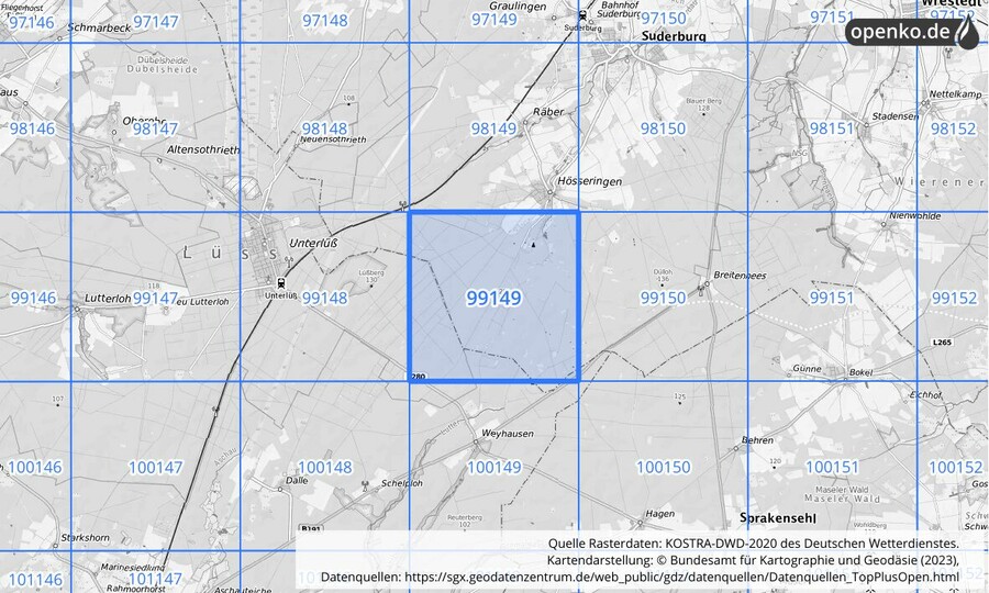 Übersichtskarte des KOSTRA-DWD-2020-Rasterfeldes Nr. 99149