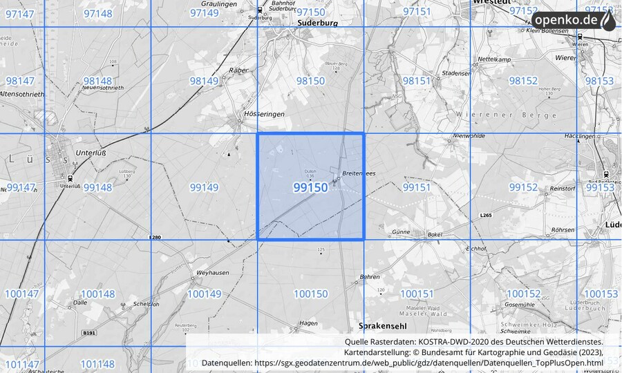 Übersichtskarte des KOSTRA-DWD-2020-Rasterfeldes Nr. 99150