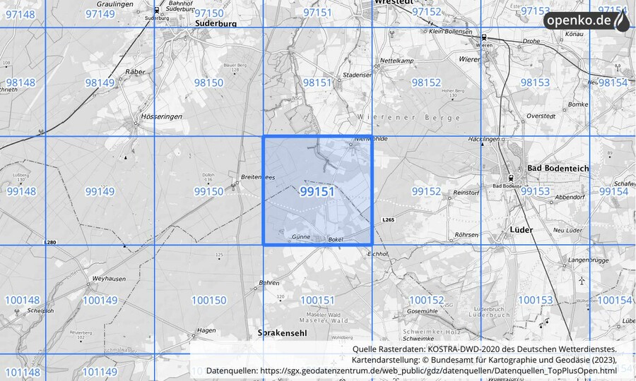 Übersichtskarte des KOSTRA-DWD-2020-Rasterfeldes Nr. 99151