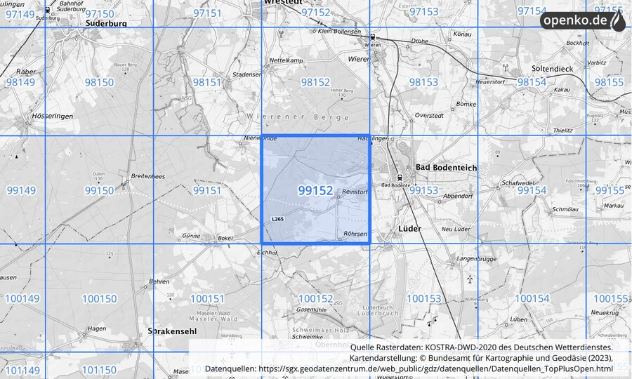 Übersichtskarte des KOSTRA-DWD-2020-Rasterfeldes Nr. 99152