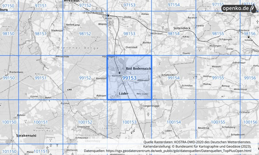 Übersichtskarte des KOSTRA-DWD-2020-Rasterfeldes Nr. 99153